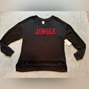 Black sleepshirt with red 'Jingle' raised letters